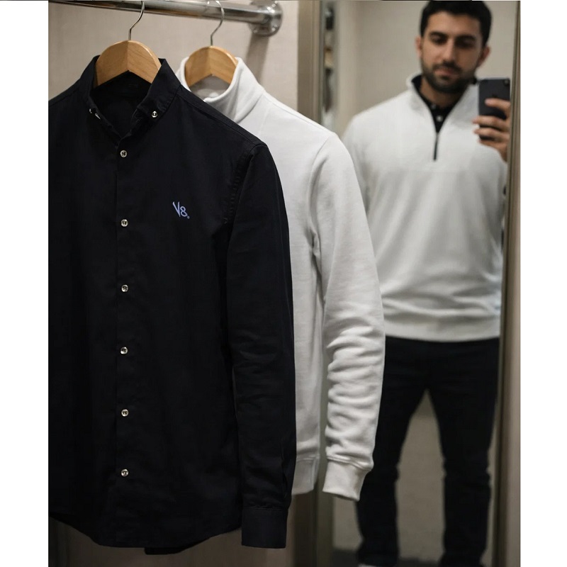 پکیج دورس مردانه نیم زیپ مدل Behbod-سفید پیراهن مردانه مشکی مدل VQ