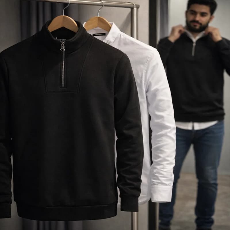 پکیج دورس مردانه نیم زیپ مدل Behbod-مشکی  پیراهن مردانه سفید مدل VQ