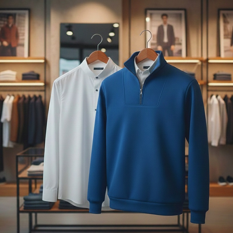 پکیج دورس مردانه نیم زیپ مدل Behbod-آبی  پیراهن مردانه سفید VQ